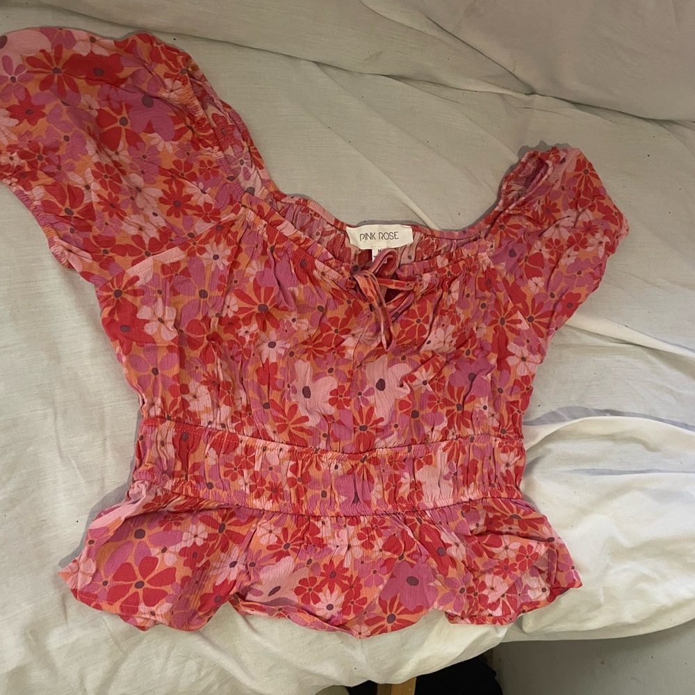 Pink rose off the shoulder mid drift blouse